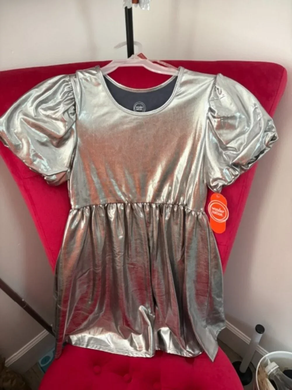 Metallic Silver Puff‑Sleeve Dress